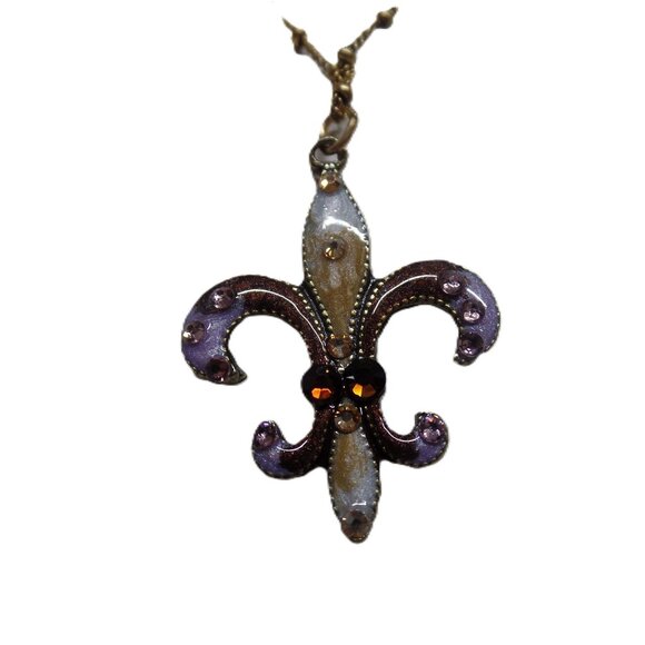 ANNE KOPLIK BROWN AND LAVENDER ENAMEL AND CRYSTAL FLEUR-DE-LIS NECKLACE! NWT! - Picture 1 of 3